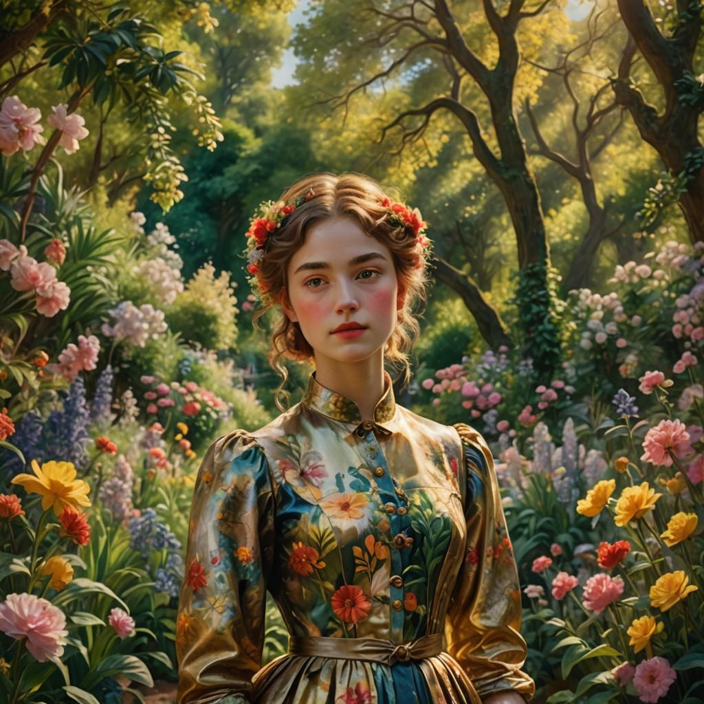 Woman in Lush Garden with Renoir-Inspired Brushstrokes