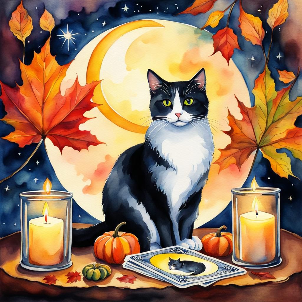 Autumn Cat Tarot Card Watercolor Painting