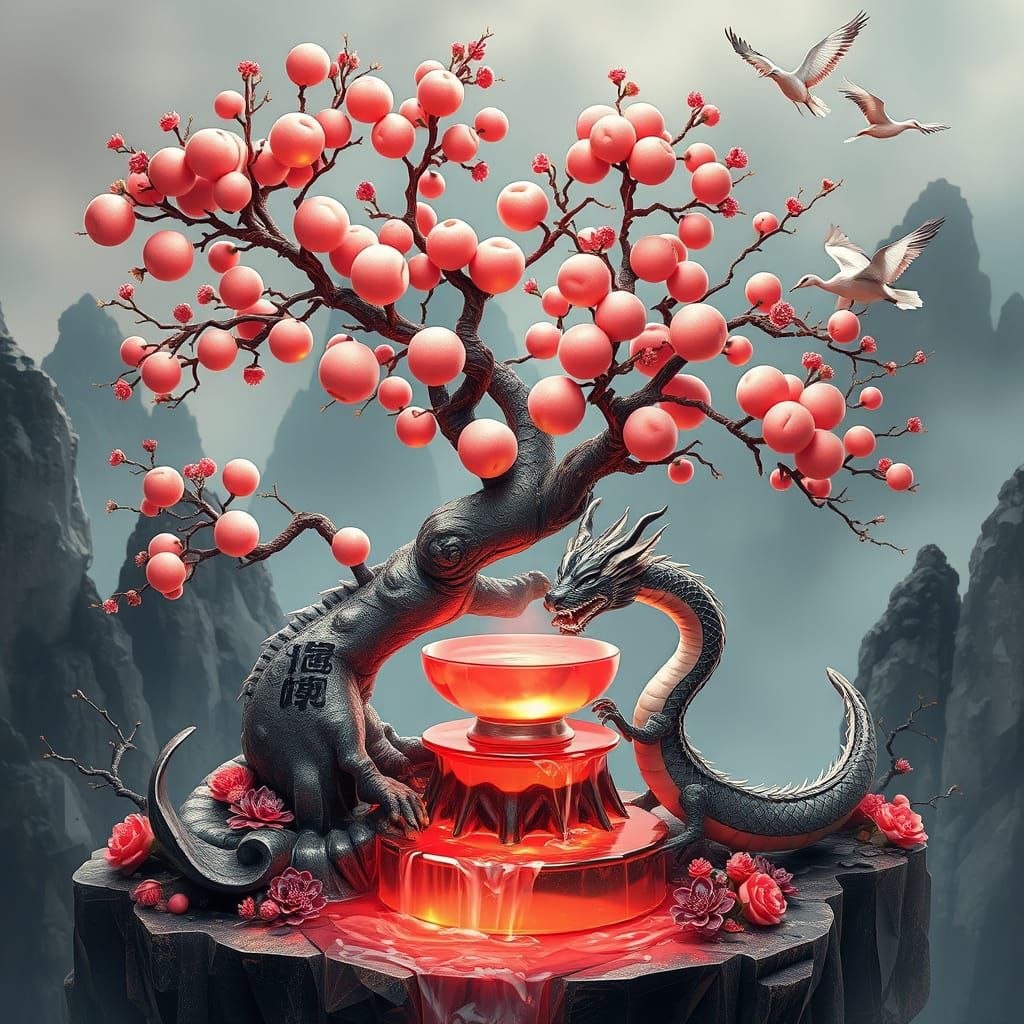 Surreal Peach Bonsai in Ancient Taoist Landscape
