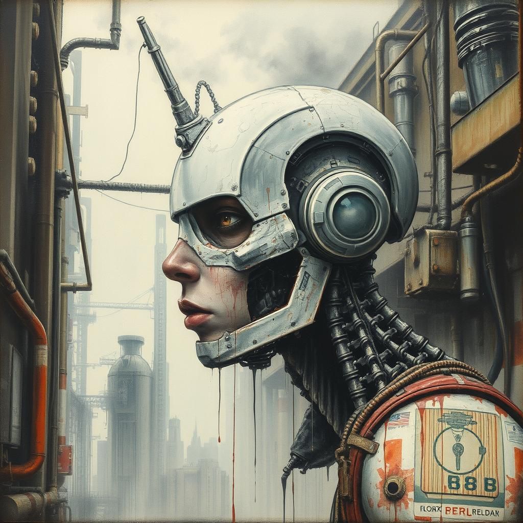 Dystopian Biopunk Android Factory in Wet Wash Portrait