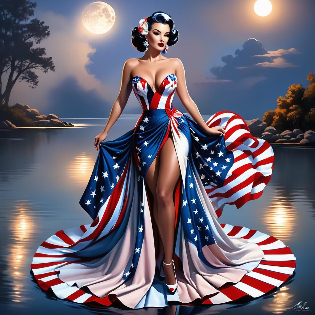 Beautiful Woman In An American flag dress at a independence day celebration