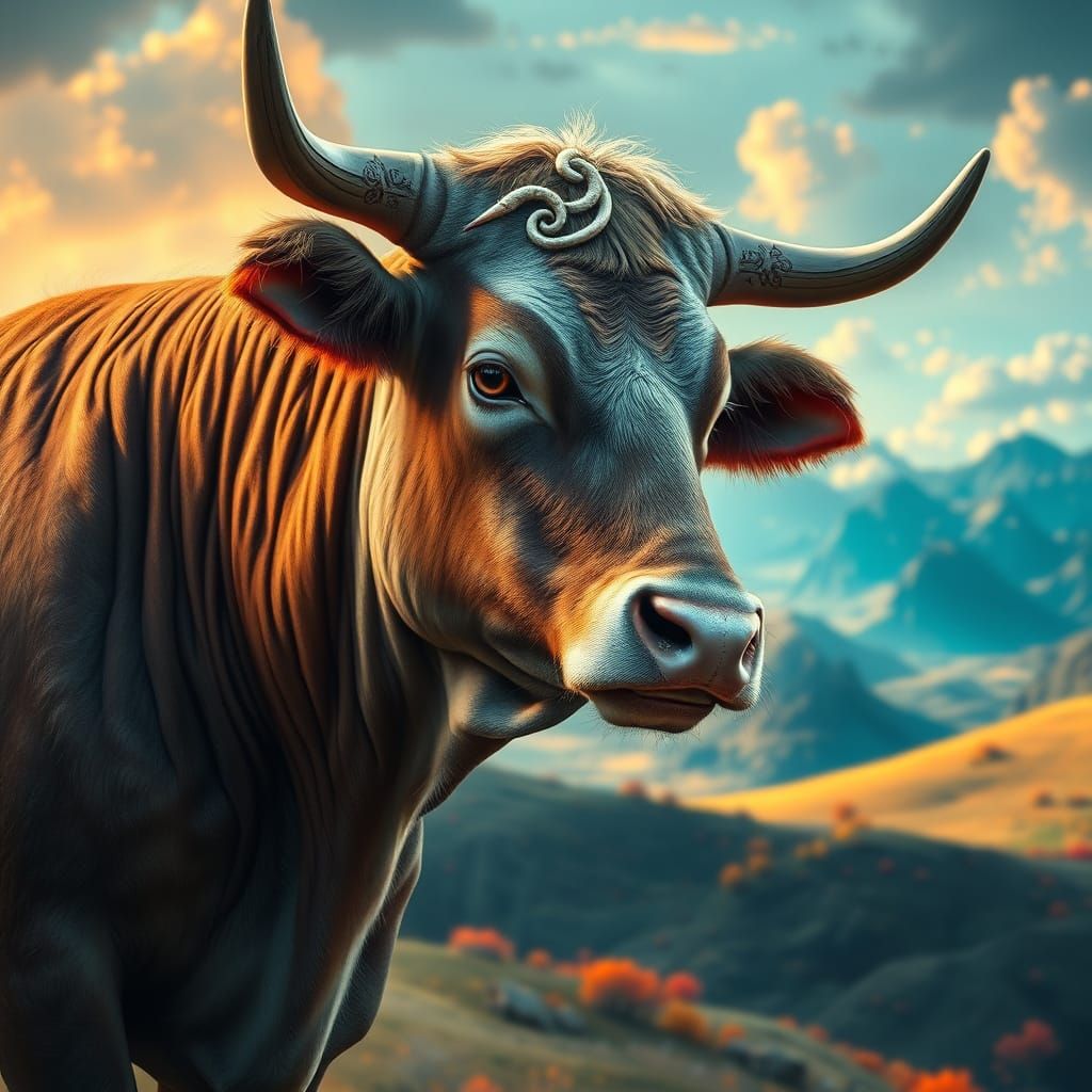 Ethereal Cow in Vibrant Fantasy Landscape