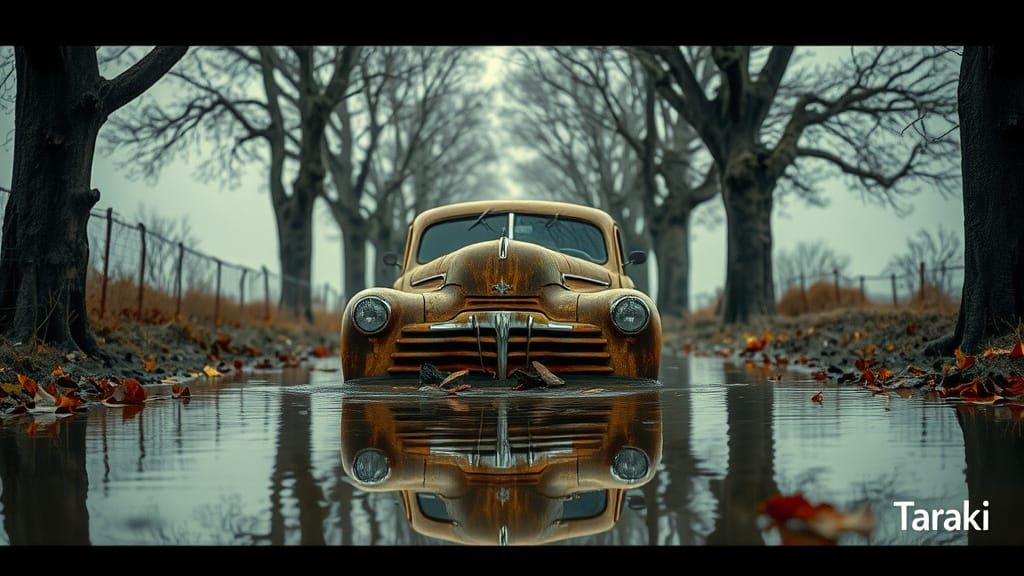 Submerged Vintage Car on Tree-Lined Path