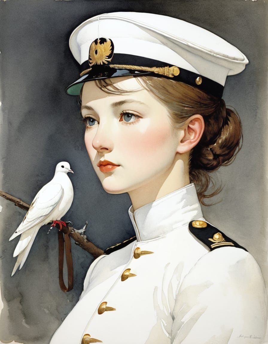 White Dove in Military Attire, Watercolor Style