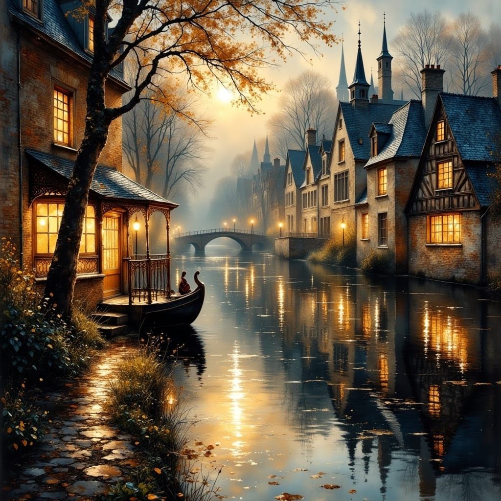 Bruges at Evening, Lautrec-Style Impression