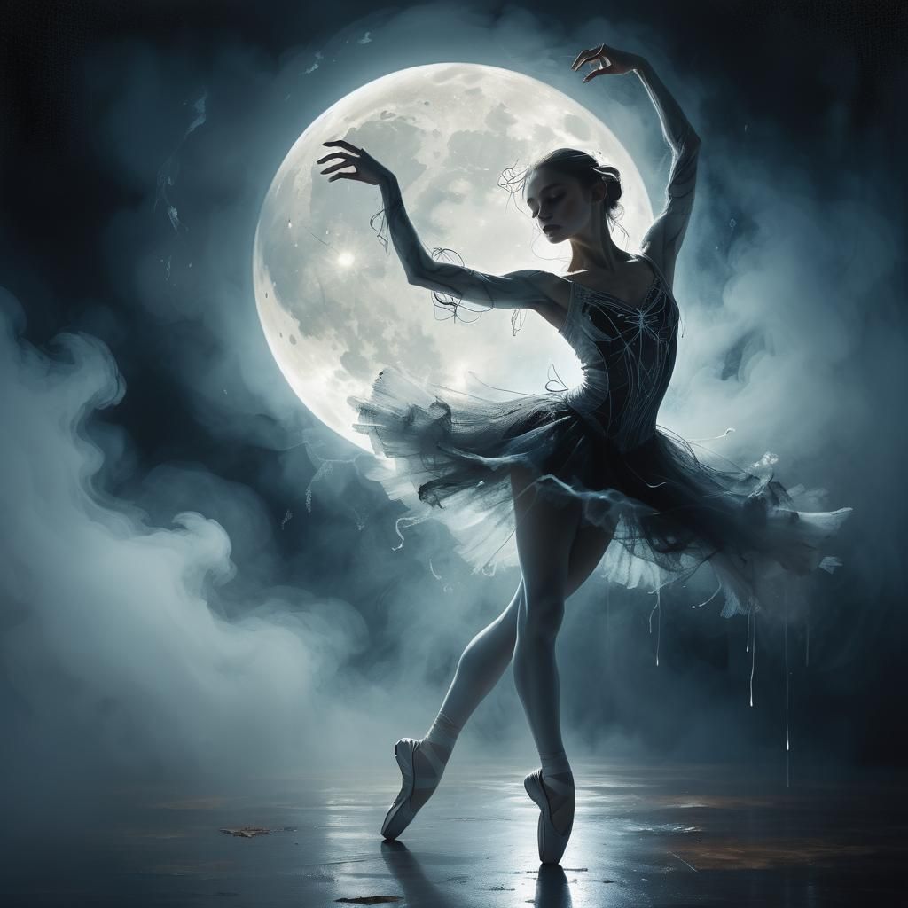 Mysterious Ballerina Dancing in Moonlight Mist