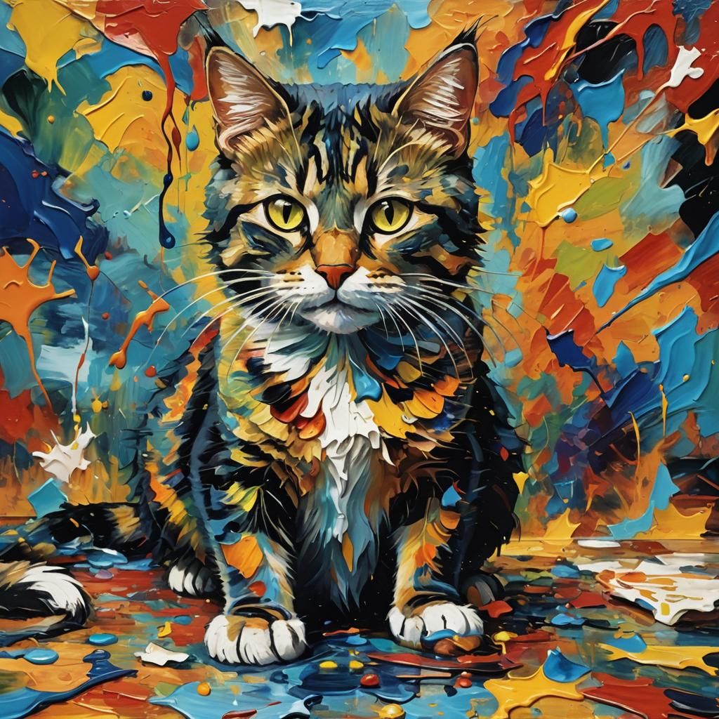 Cat Creating: Vibrant Oil Painting in Triadic Colors