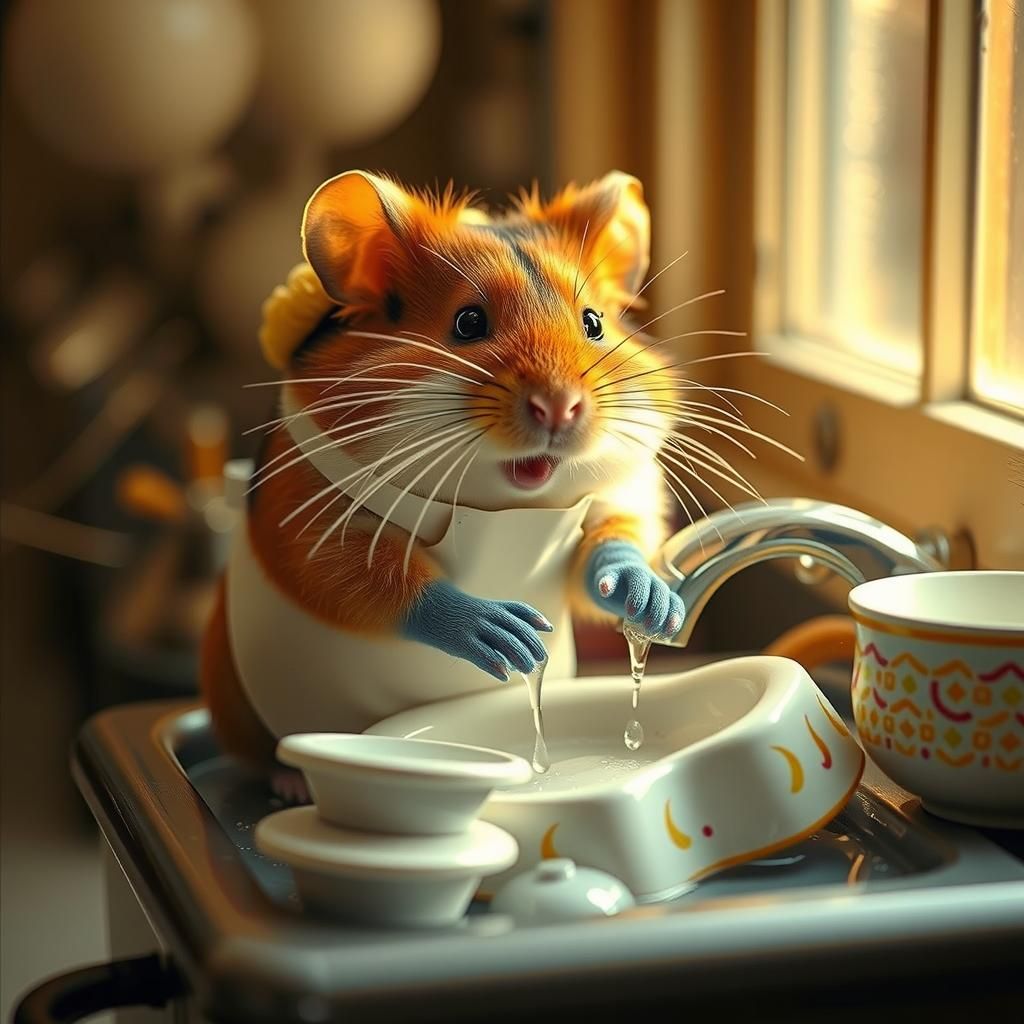 Hamster Washing Dishes in Golden Light: Professional Photogr...