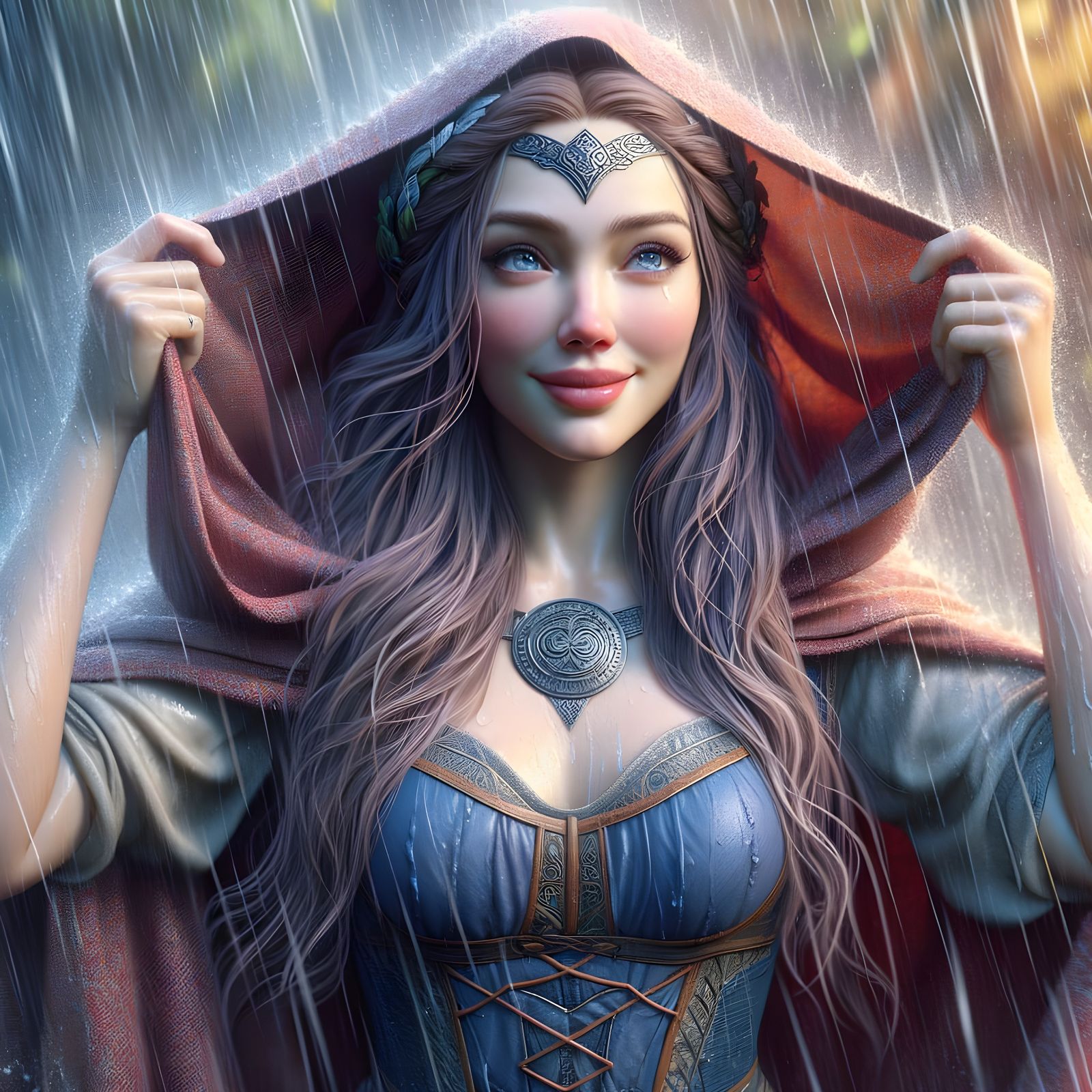 Norse Goddess Finds Shelter from Stormy Rain in Hyperrealist...