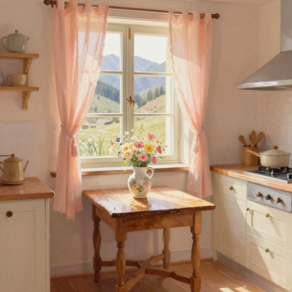 Cozy Country Kitchen in Soft Pastels, Painterly Style