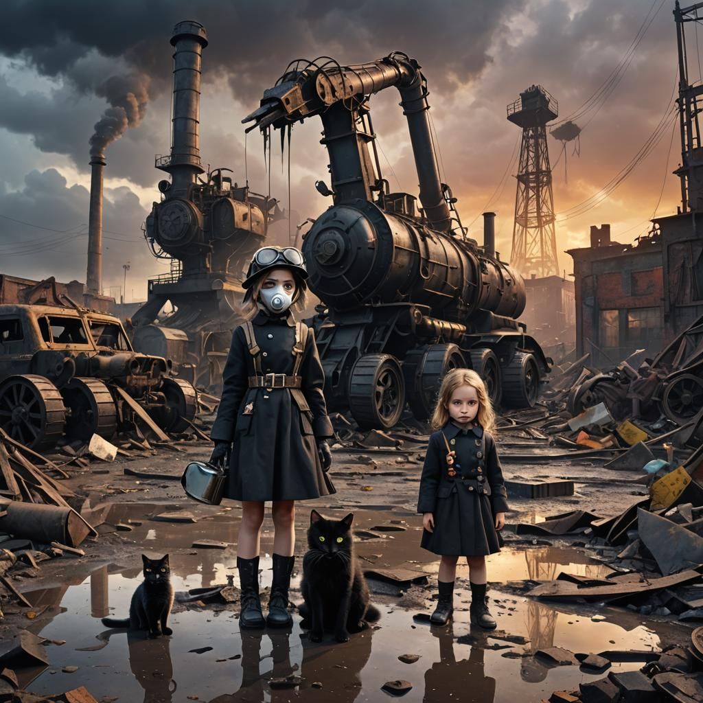 Dieselpunk Wasteland: Girl, Cat, and Crane