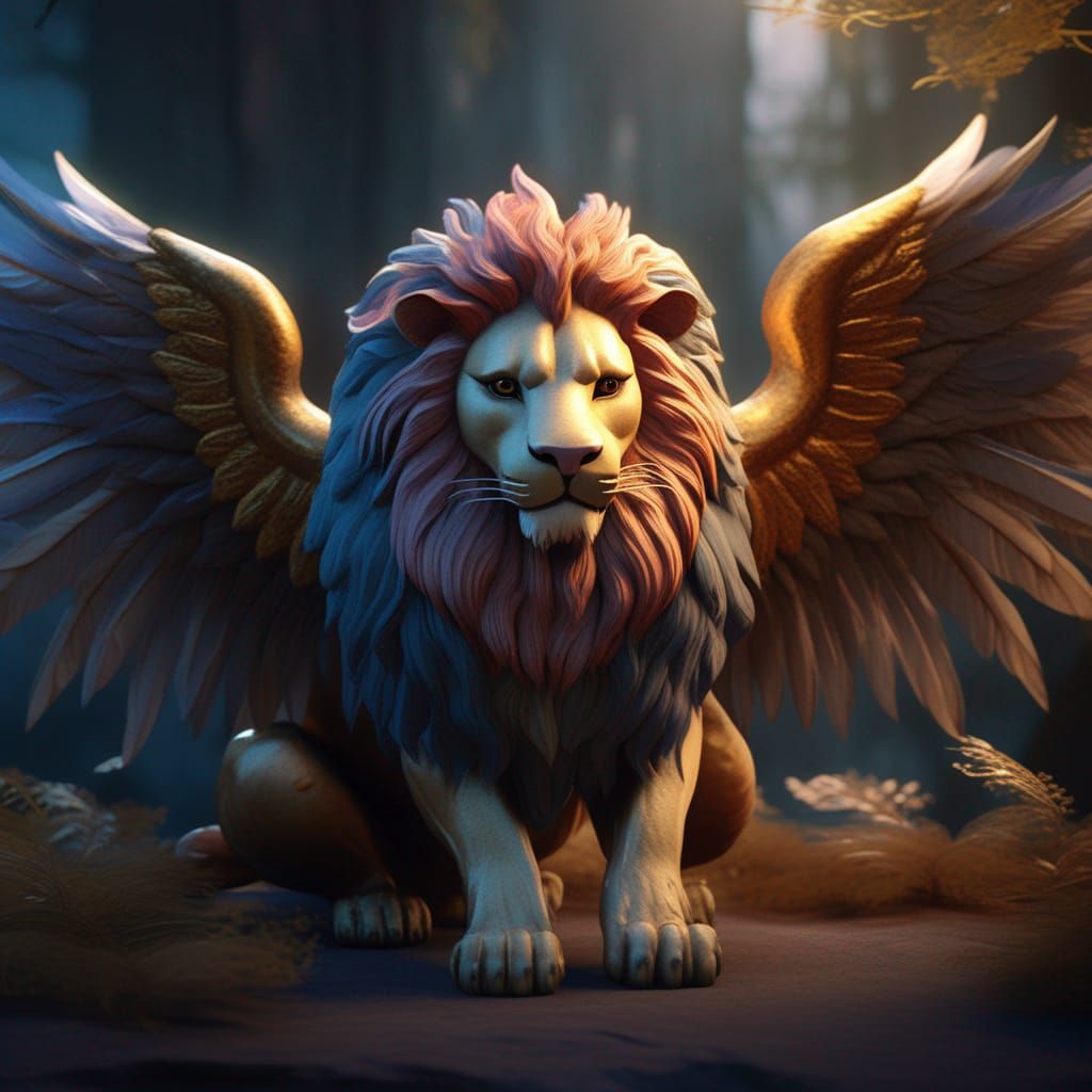 Ethereal Winged Lion in Watercolor Storybook Style