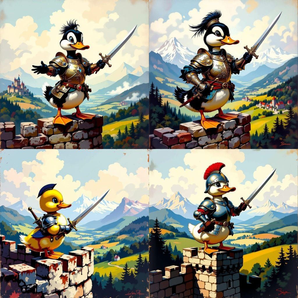 Armored Duckling Surveys Battlefield in Frazetta Style
