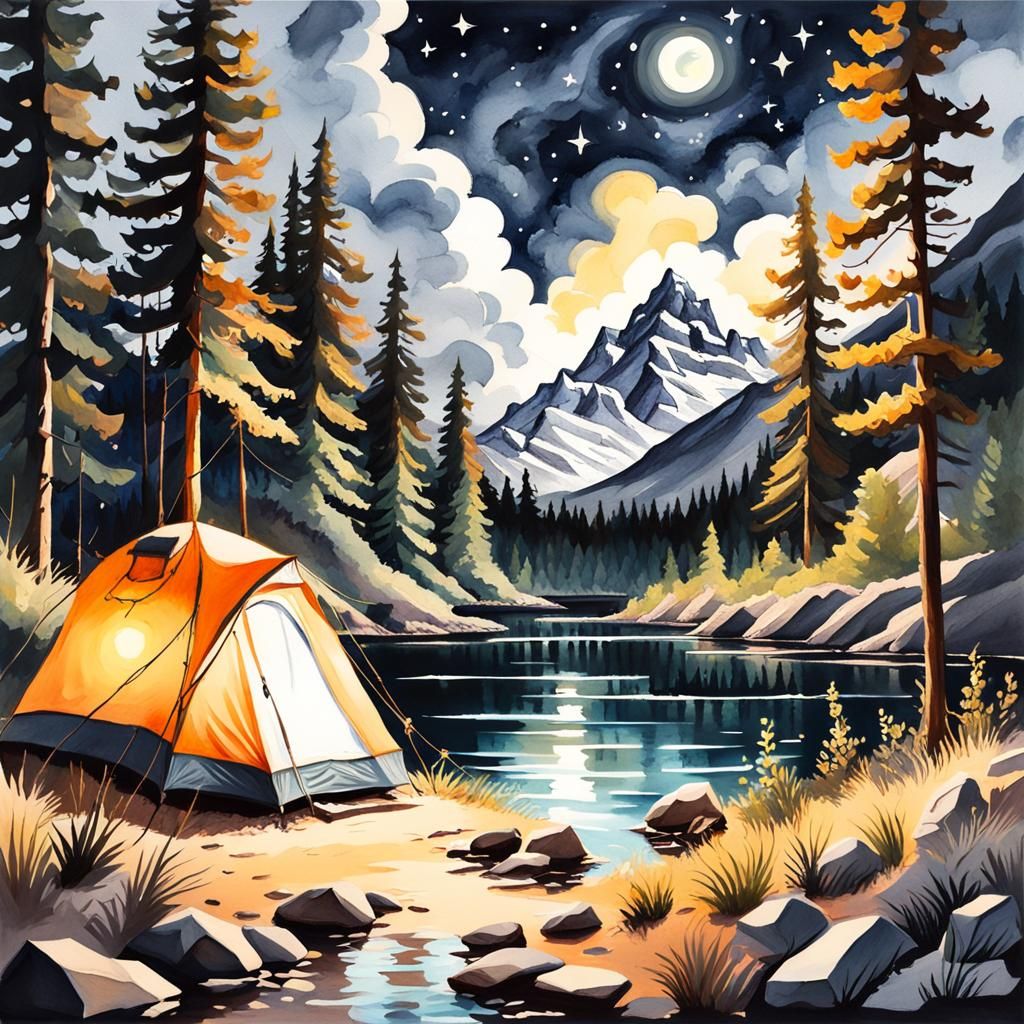 Gouache Camping Spot Under the Stars