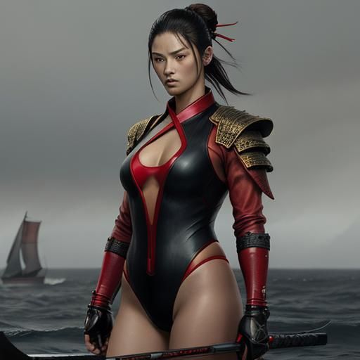 Modern Samurai in Red Swimsuit: Horror Aesthetic