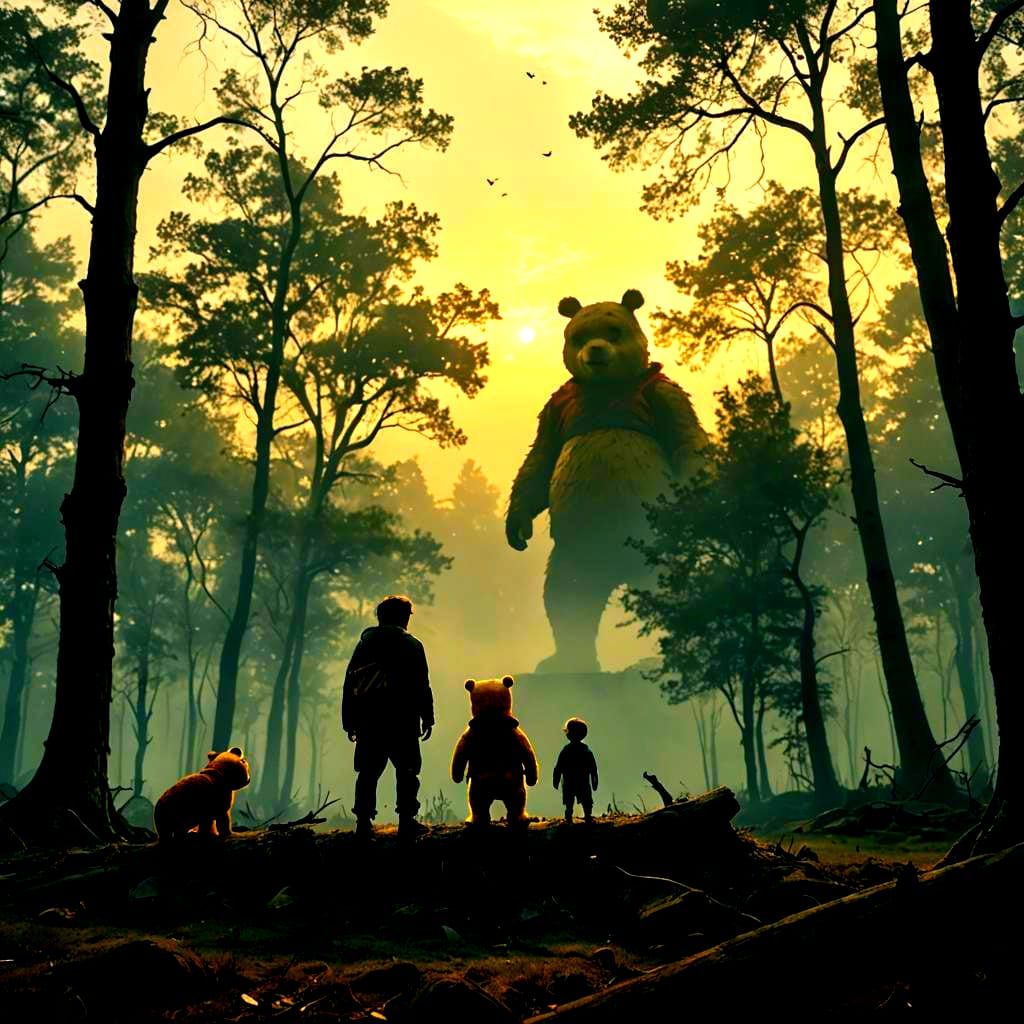 Dramatic Film Still: Man Confronts Winnie the Pooh