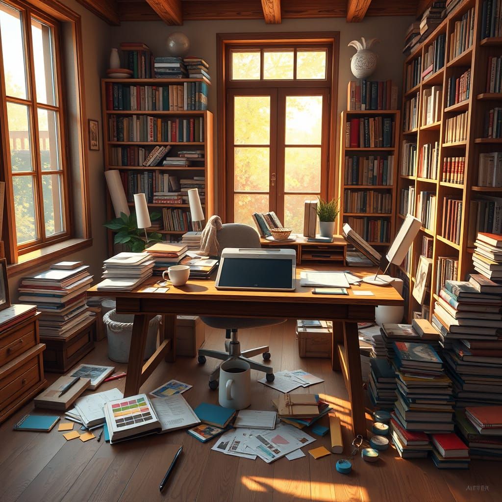 Impressionist Workspace with Digital Tablet and Creative Cha...