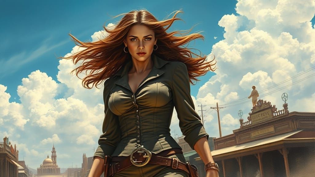 Plus-Size Gunfighter on Dusty Western Street as Oil Painting