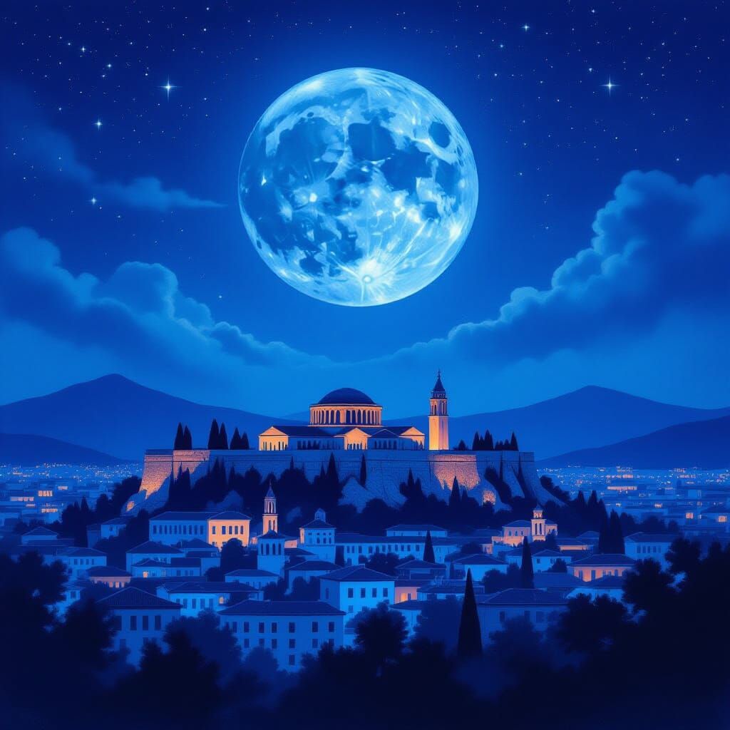 Mystical Blue Moon Over Athens Skyline at Midnight