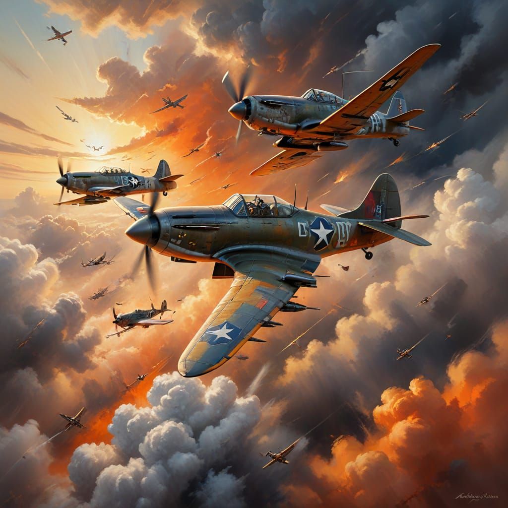 Fighter Planes Soaring Through Clouds: An Expressive Oil Pai...