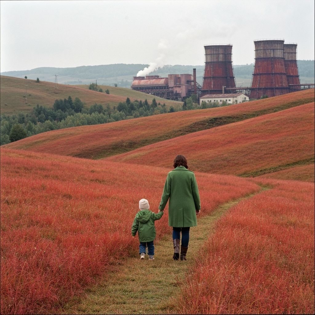 A woman in a green wool coat walks with a child by the hand through a hilly northern Italian landscape, where the long g...