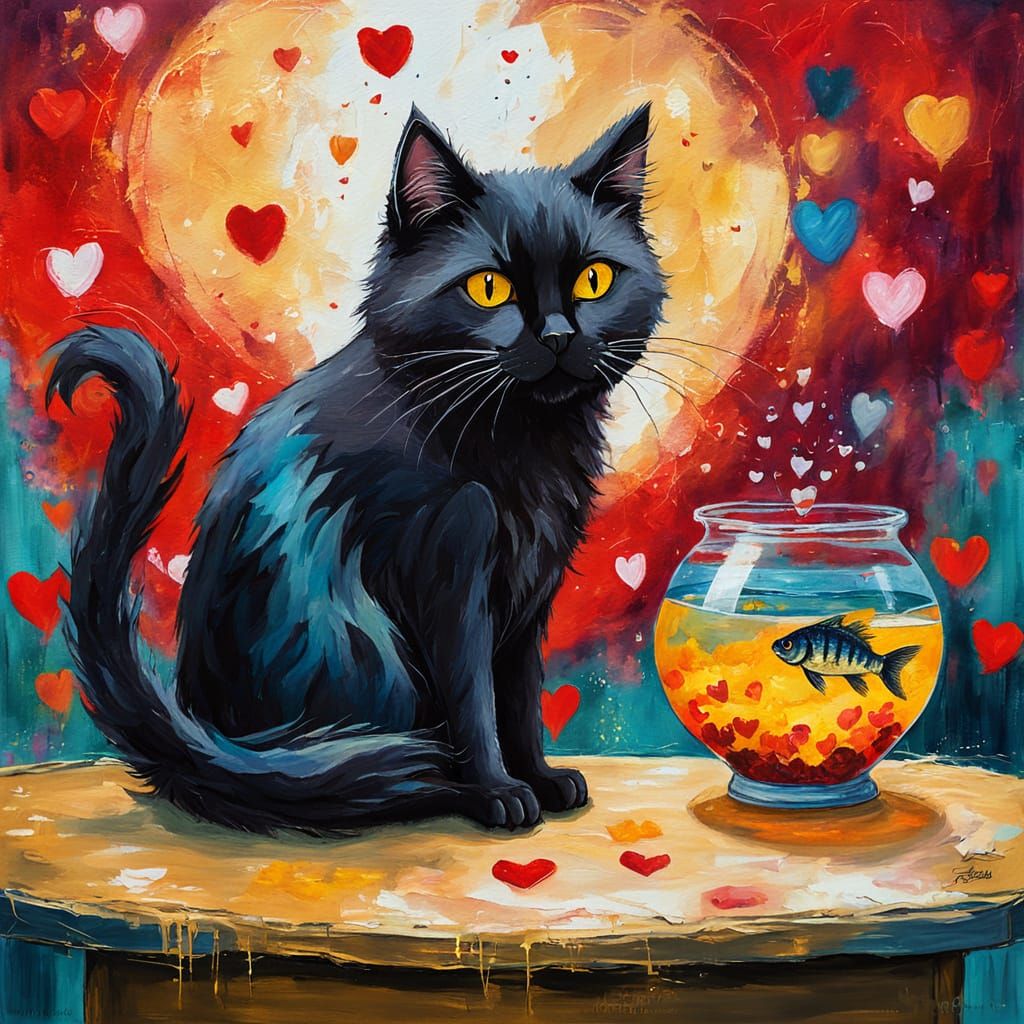 Black Cat Gazing at Fishbowl: Whimsical Acrylic Painting