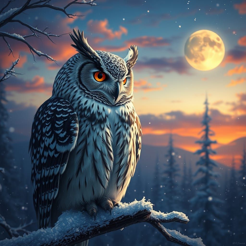 Winter Owl Under Mystical Sunset Sky
