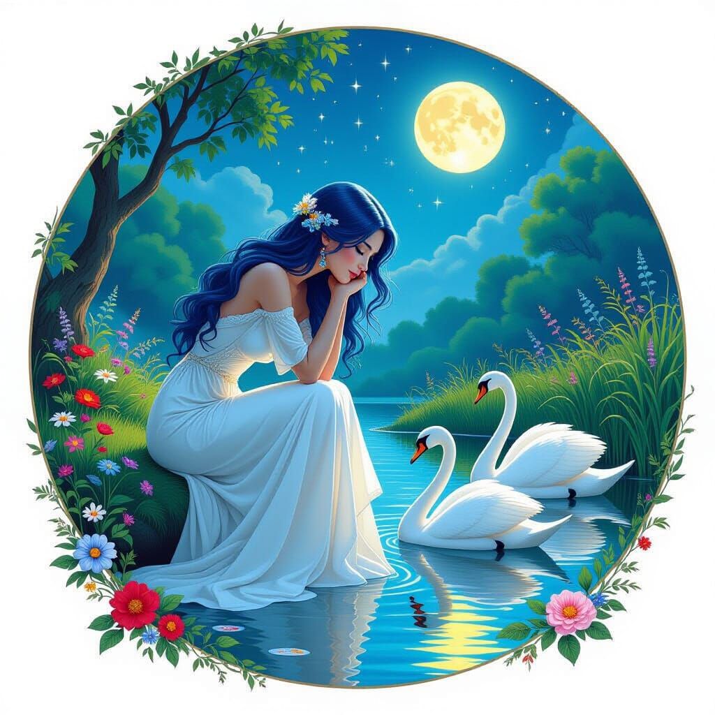 Blue-Haired Woman by Pond in Catherine Nolin Style