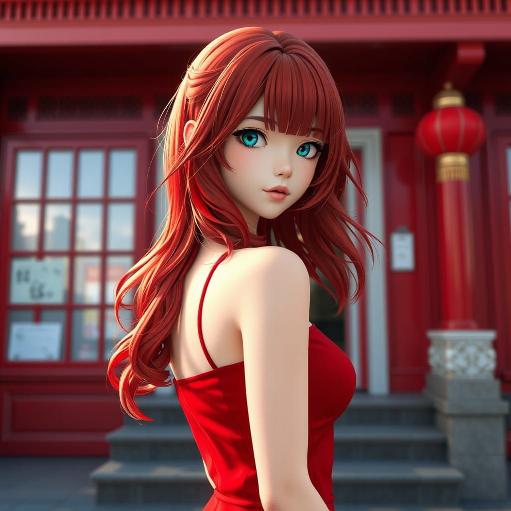 Red Haired Woman in Red Dress, Anime Art