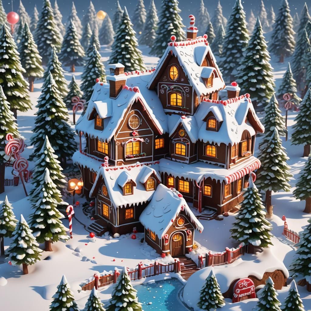 Gingerbread House in Winter Wonderland, 3D Anime Art