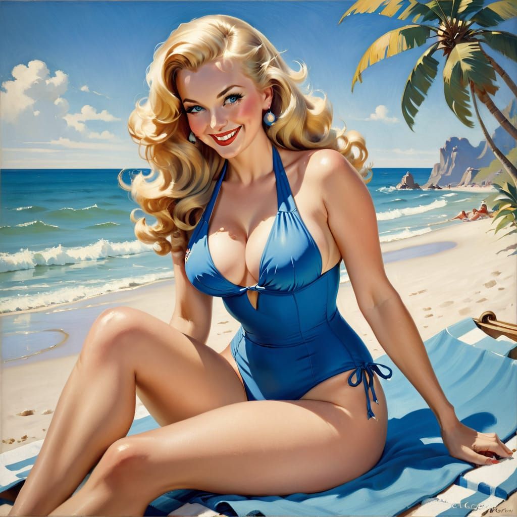 Retro Beach Beauty in Impressionistic Oil Painting