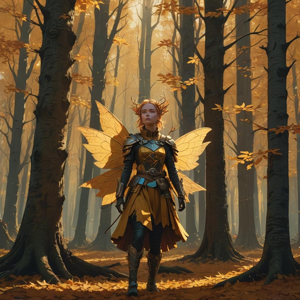 Mystical Autumn Fae in Sunlit Forest