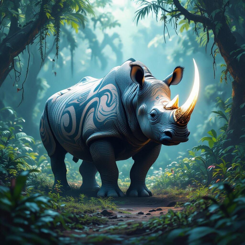 Rhino in Alien Jungle with Glowing Horn
