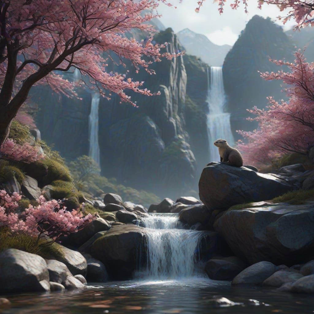 Samurai Otter on Waterfall with Cherry Blossoms