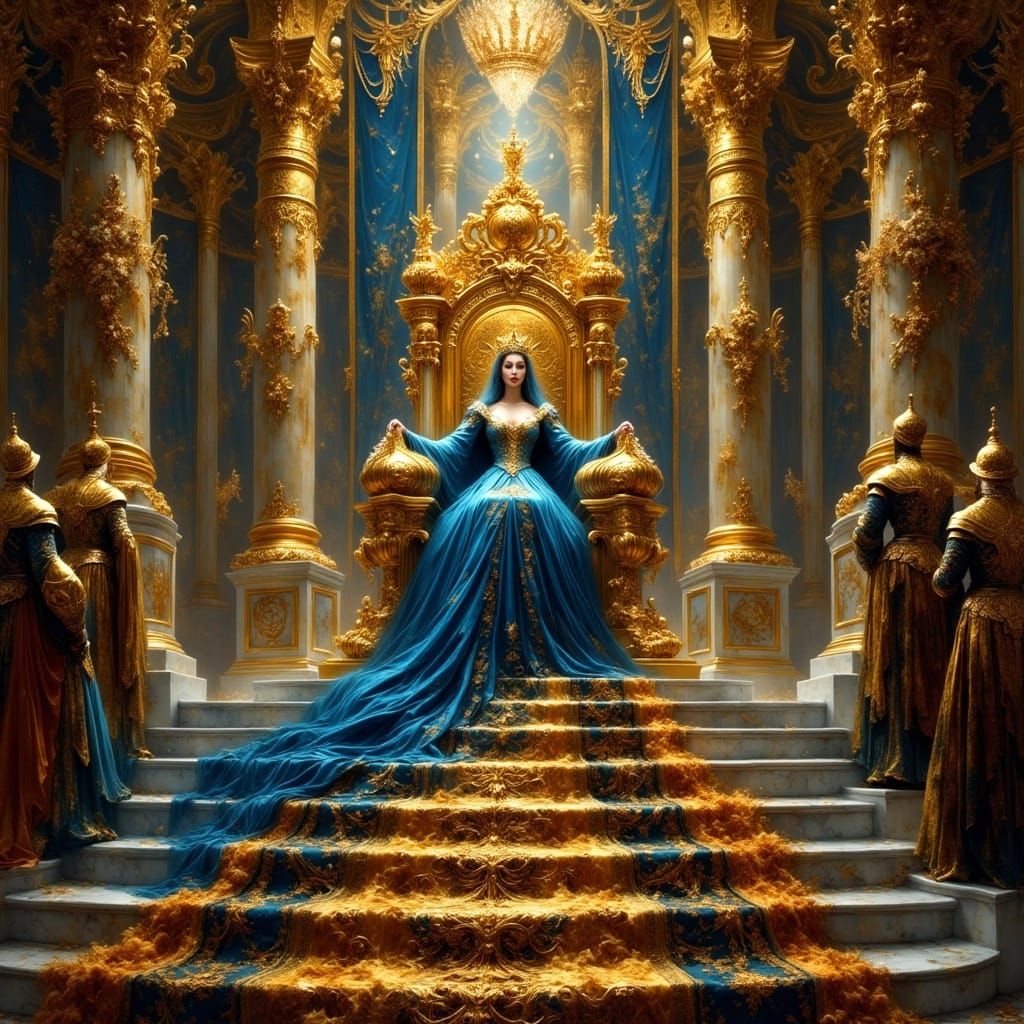Queen on Ornate Throne in Grand Hall