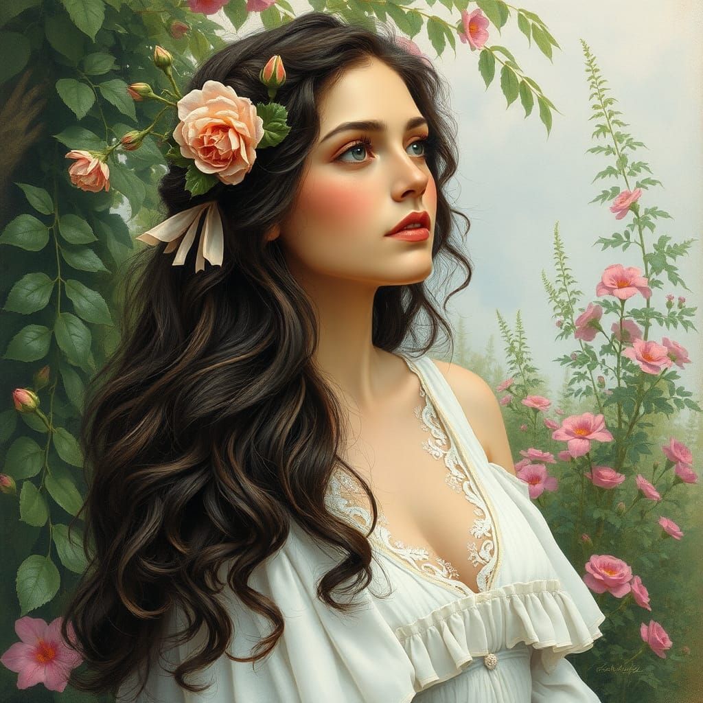 Romantic Woman in Floral Wreath, Ethereal Style