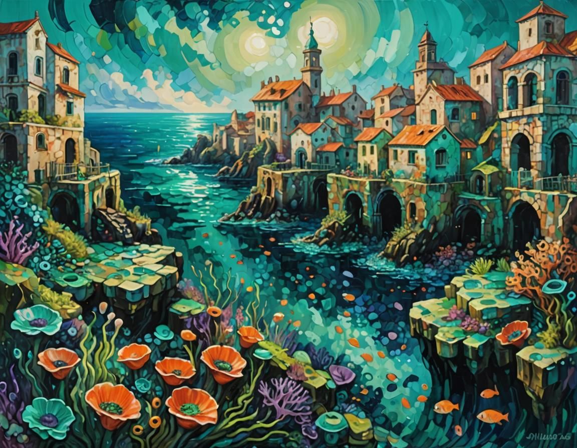 Sunken City: Neo-Impressionist Oil Painting