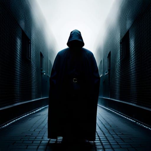 Sinister Cloaked Figure in Dark Alleyway