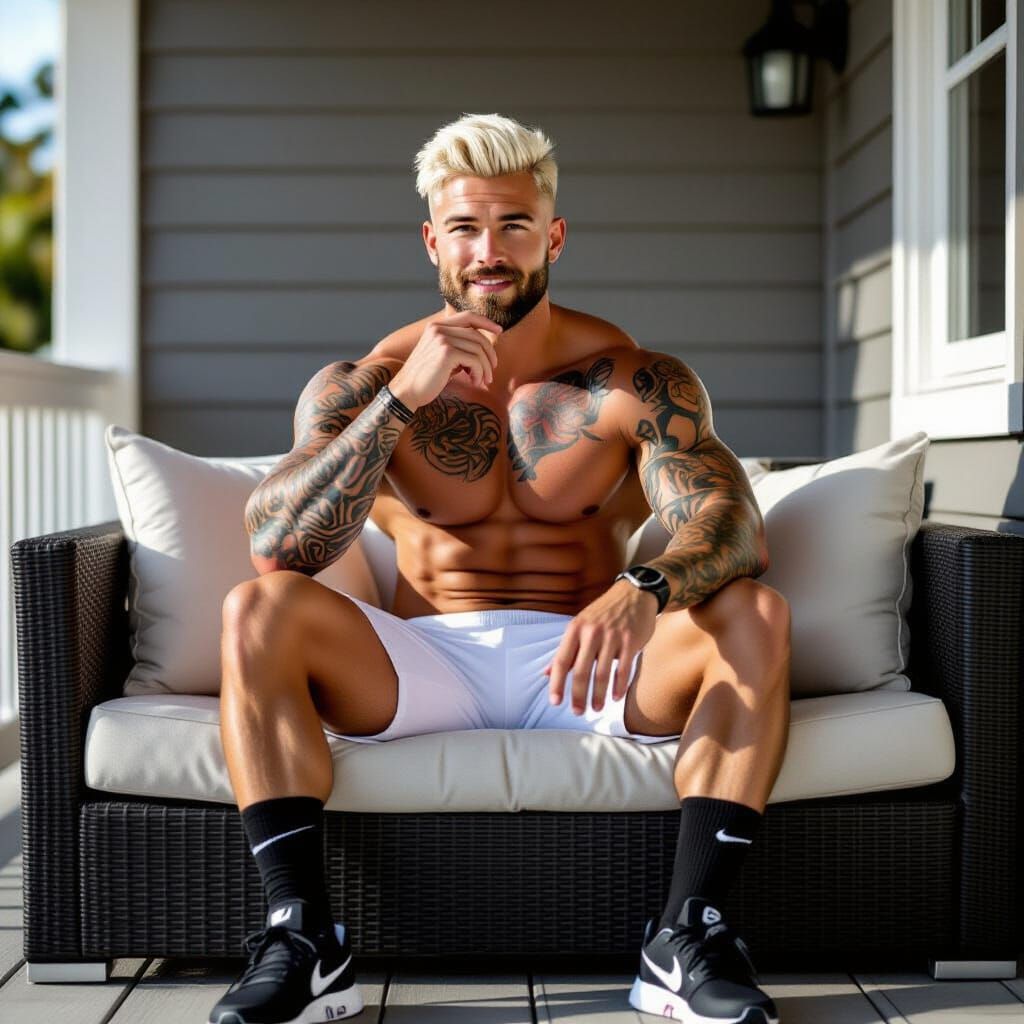 Tattooed Model Lounging in Sunlight: Graphic Tattoo Art