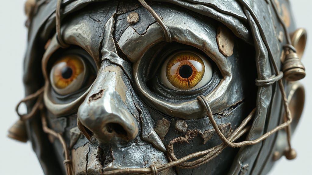 Metallic Mummy Sculpture with Weathered Face