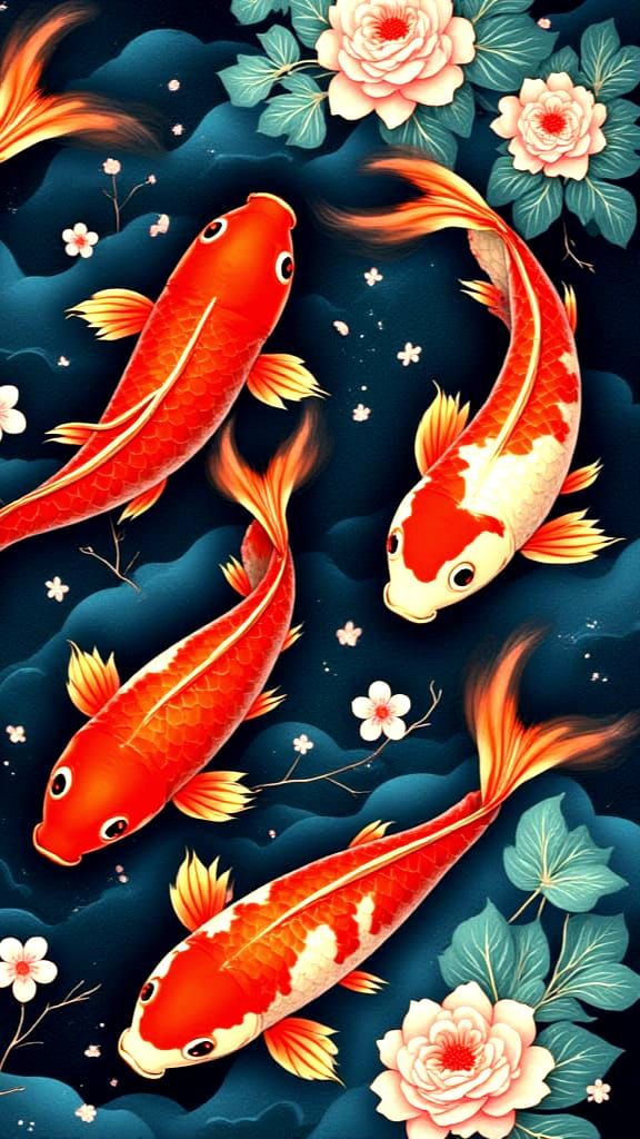 Vibrant Red Koi Fish in Floral Harmony