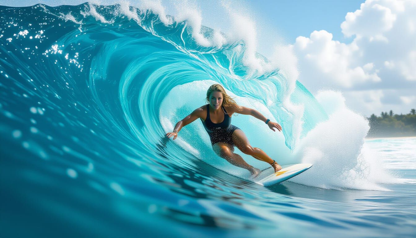 Female Surfer in Barrel of a Wave: 8K Photo