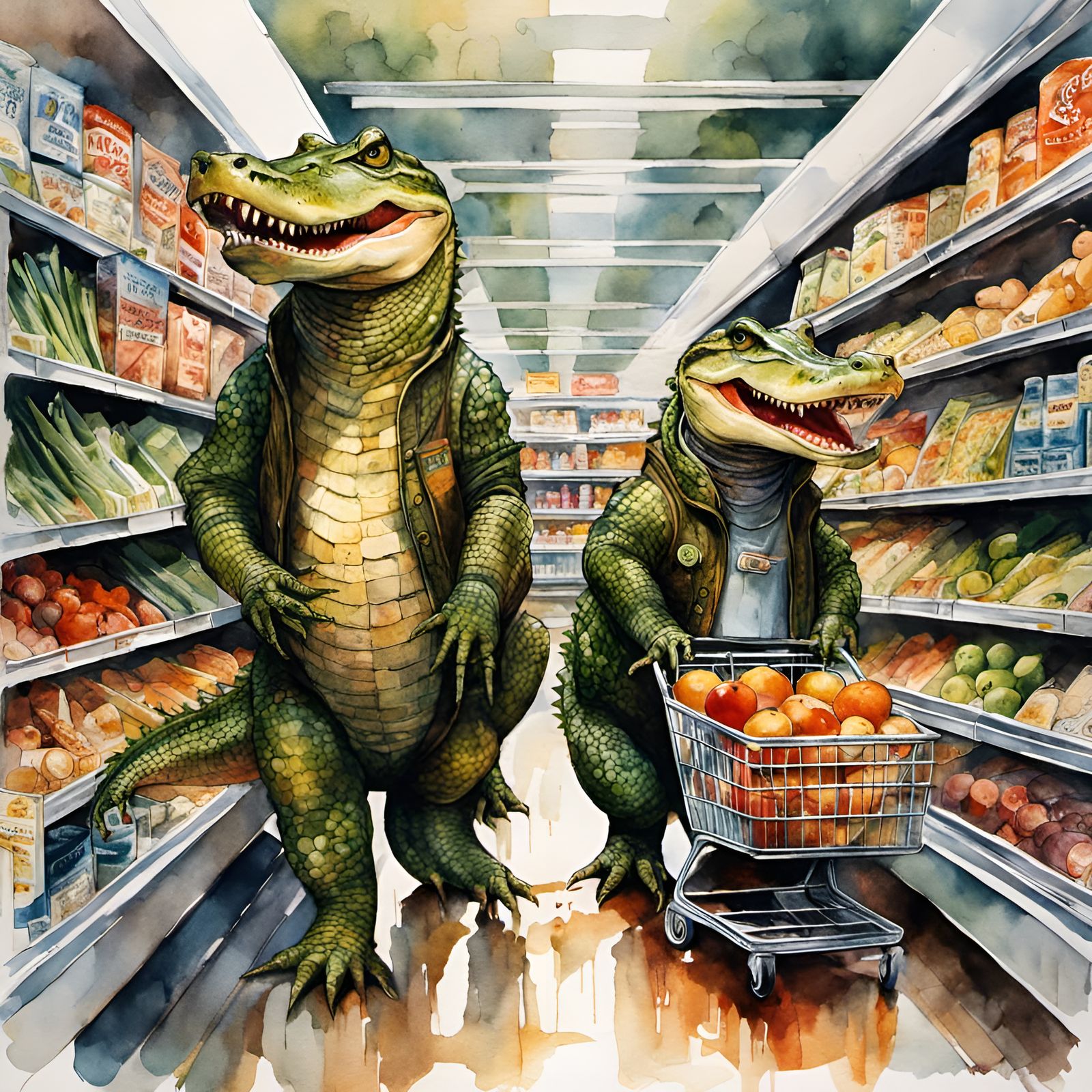 Alligator Family Grocery Shopping: Watercolor Painting