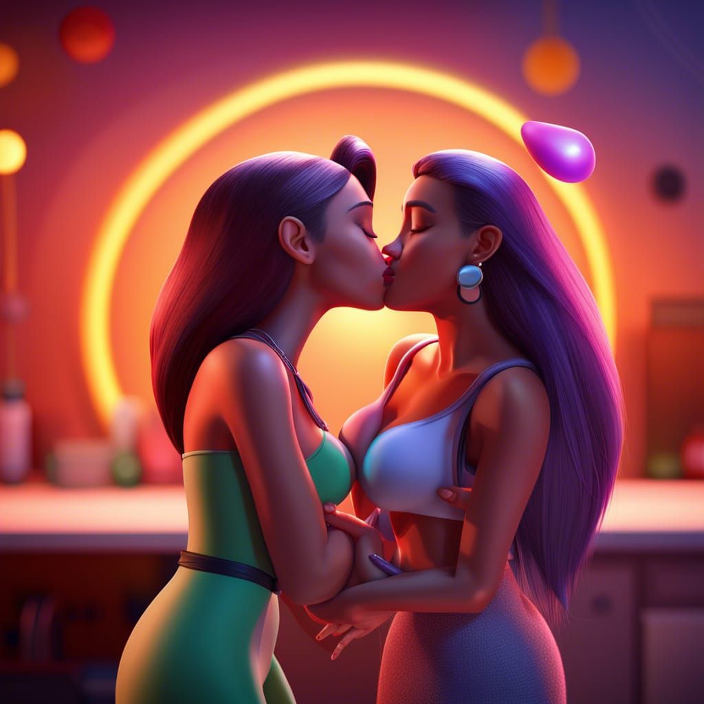 Cartoon Figures Embrace: 3D Digital Art