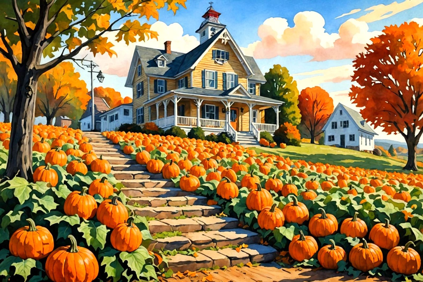 Farmhouse Pumpkin Patch: Gouache Watercolor Impressionist Pa...