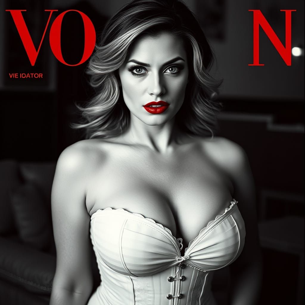 Magazine Cover: Voluptuous Woman with Red Lips in B&W