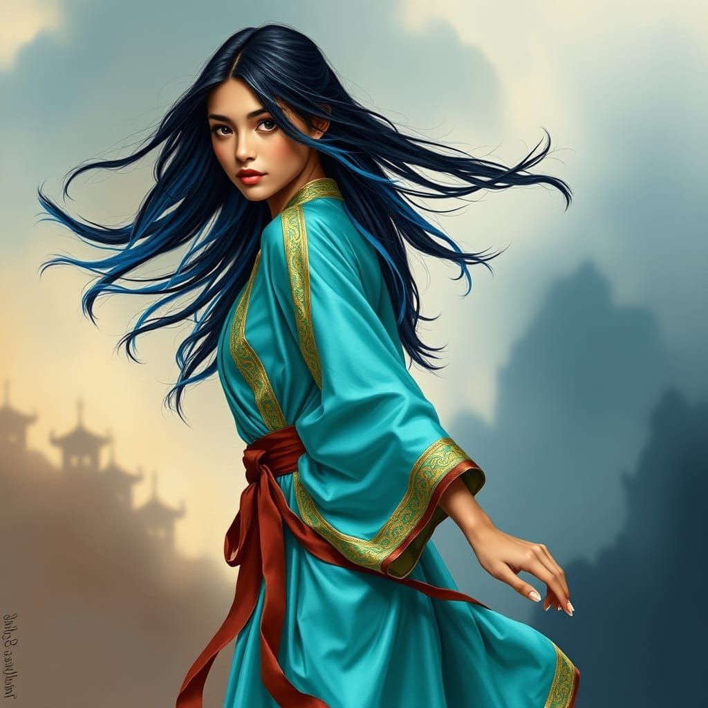 Cuban Woman in Turquoise Robe against Dreamlike Backdrop