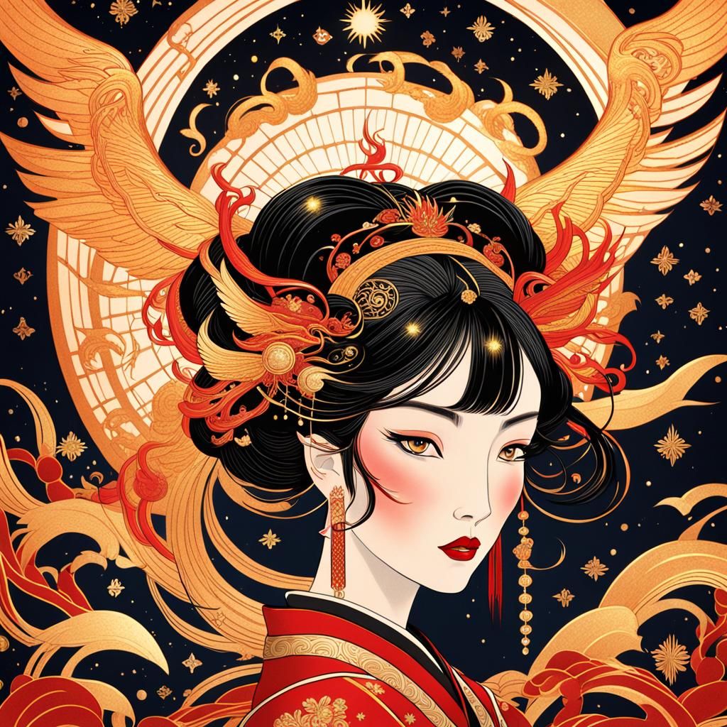 Woman Rides Kirin in Erte Art Deco Style