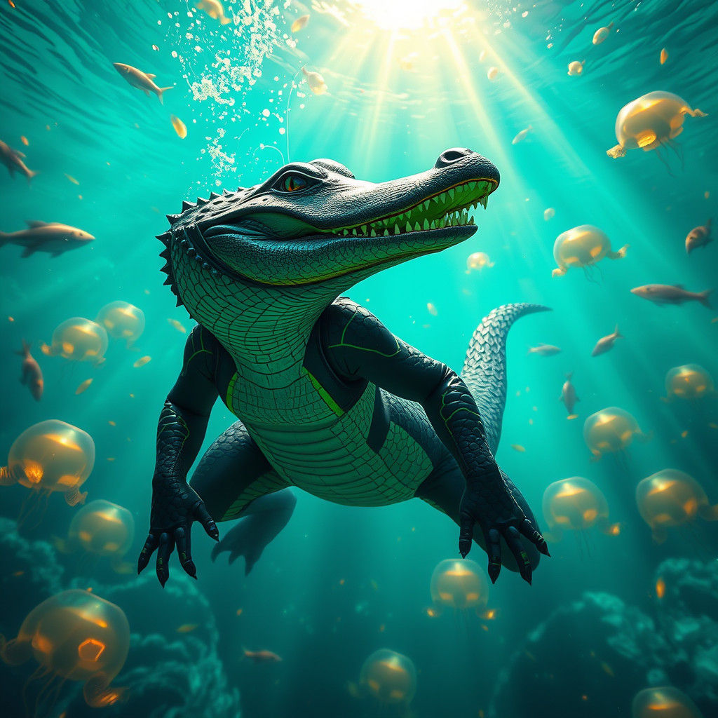 Humanoid Alligator Swims in a Fantasy World