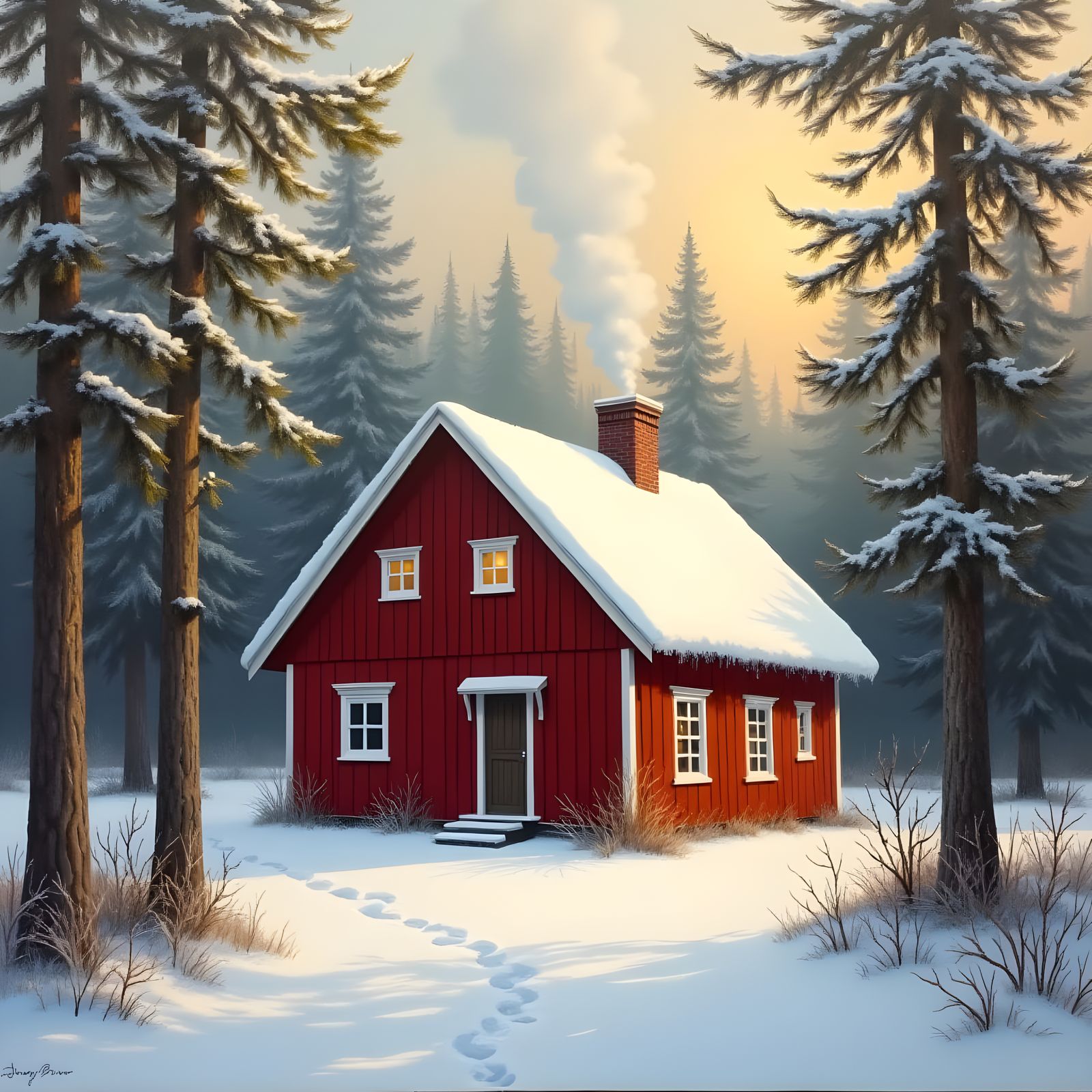 Snowy Swedish House in Pine Forest, Oil Painting Style